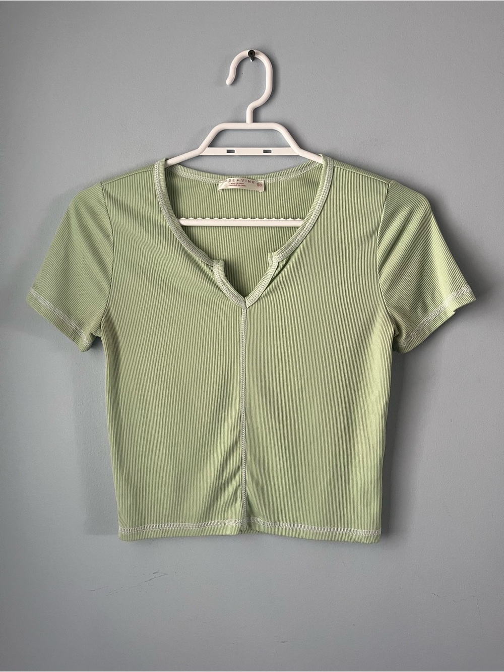 Rose + Vine Pale Mint Green Ribbed Stretch V Notch Cropped Short Sleeve Tee XS-S